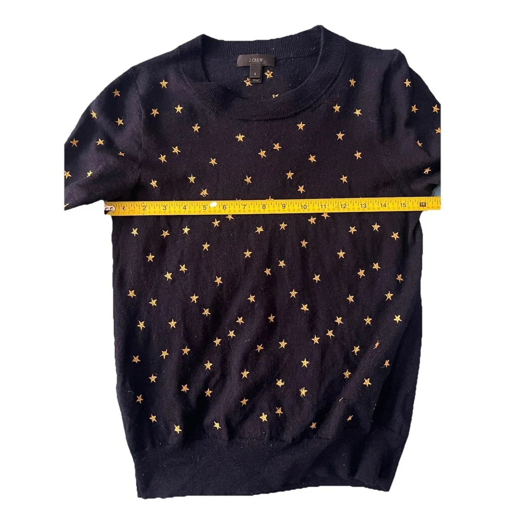 J. Crew Tippi Navy Sweater Embroidered Gold Stars 100% Merino Wool Size Small